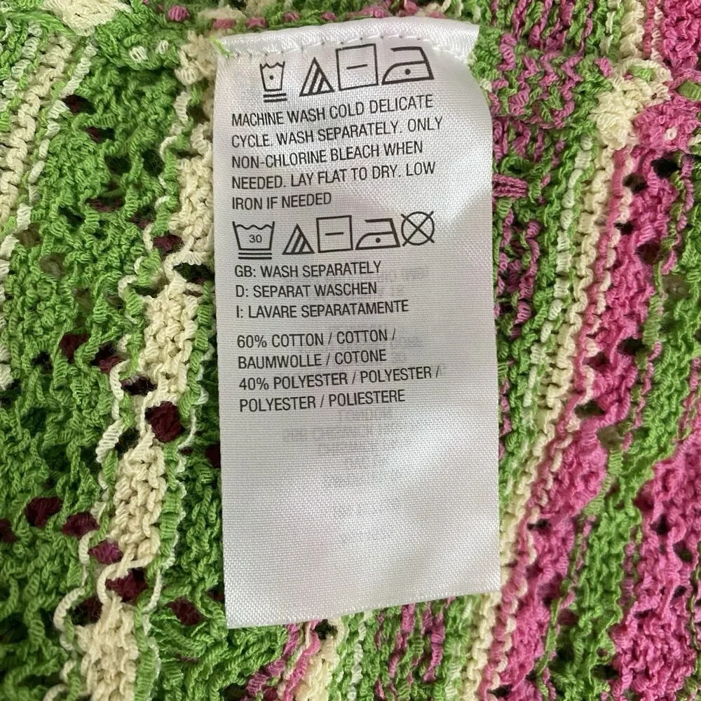 Bell Boho Sweater Womens 2X Green Pink Stripe Open Knit Crochet Short Sleeve
